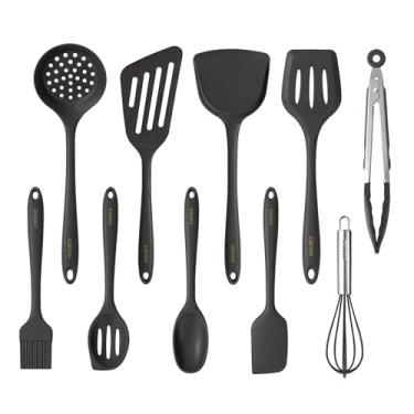 Imagem de CAROTE Conjunto de utensílios de cozinha antiaderentes, conjunto de utensílios de cozinha de silicone resistente ao calor, 10 peças, cinza escuro, espátula inodora, espátula