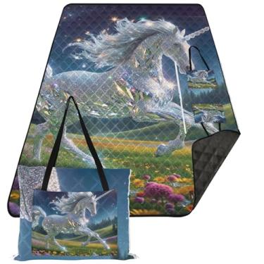 Imagem de TSENQUE Tapete de piquenique de unicórnio diamante cobertor de praia bonito impermeável cobertor de acampamento grande embalável 299,7 cm x 203,2 cm