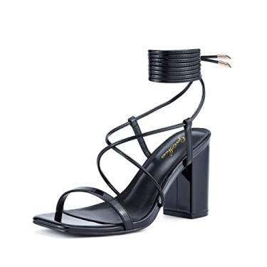 Imagem de GENSHUO Sandálias femininas de bico quadrado com cadarço de salto alto grosso com tiras salto bloco envoltório tornozelo vestido de casamento sapatos dourados tamanho 39, Preto, 40