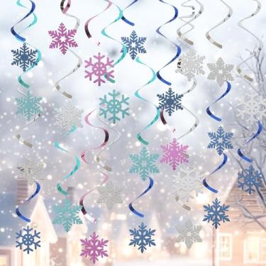 Imagem de 24 peças de decorações de floco de neve de inverno, flocos de neve, flocos de neve, guirlanda de Natal, inverno, país das maravilhas decoração de teto, prata, azul, roxo, flocos de neve, decoração de