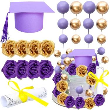 Imagem de Ephlyn Pacote com 40 topos de bolo de formatura 2025 turma de 2025 bolas de diploma flores parabéns decorações de bolo de graduação para ensino médio 2025 suprimentos de formatura roxo