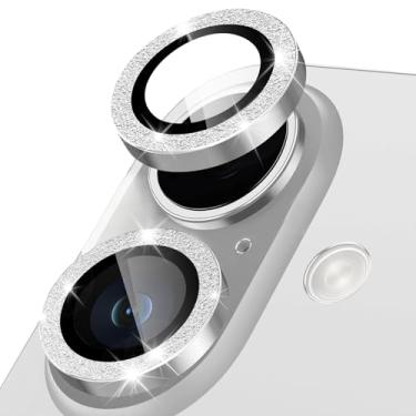 Imagem de Happtkey Protetor de lente de câmera para iPhone 16 Plus, anel de metal de liga de alumínio individual com glitter, protetor de tela de vidro temperado 9H, protetor de tela de luxo HD antiarranhões