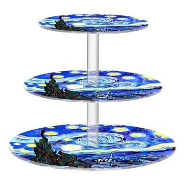 Imagem de Starry Night Suporte de cupcake em aquarela para festa de chá, 3 camadas, para exibição de torre de bolo, lindos suportes de sobremesa, bandejas de servir para festa, comida, donut, formatura