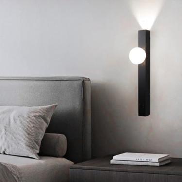 Imagem de GZZBMY LED apliques de parede interior nórdico moderno de metal candeeiros de parede com interruptor de tela de acrílico quarto iluminação para sala de estar corredor cabeceira (luz preta branca, 40