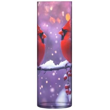 Imagem de Vaso redondo de plástico com pássaros vermelhos de Natal, lindo vaso de flores cilíndrico para mesa, decoração floral de outono para quarto, 30 cm x 9,9 cm