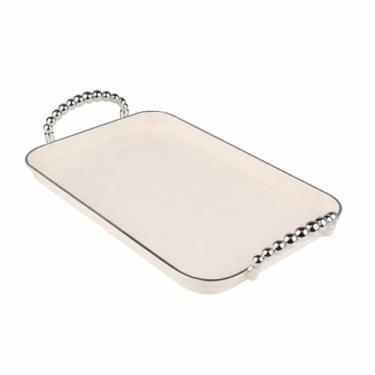 Imagem de Bandeja Organizadora Alça Cantinho do Café Multiuso Resistente Decorativa Casa Cozinha Mesa Posta, Ideal para Servir Petiscos e Decoração de Mesa Brasileira(PÉROLA QUAD PRATA P 32X21CM)