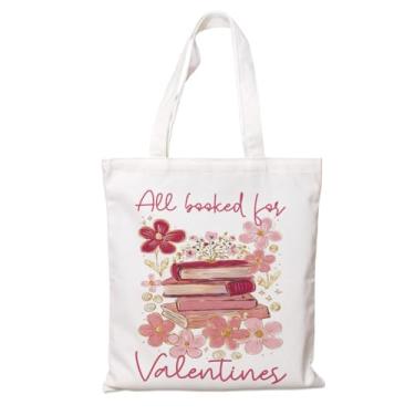 Imagem de Sacola de lona, sacola de compras reutilizável para o Dia dos Namorados, livros e flores "All Booked for Valentines", sacola branca para livros de biblioteca para leitores, presente para mulheres