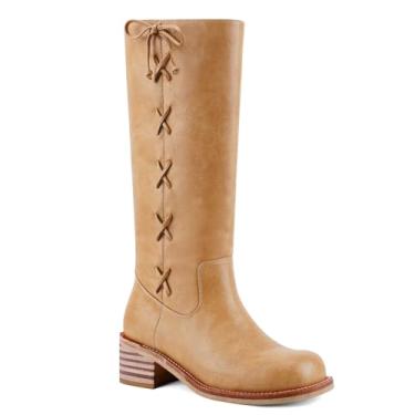 Imagem de UBWDU Botas femininas na altura do joelho, salto grosso, botas longas, bico quadrado, salto baixo, para mulheres, Renda marrom claro, 37