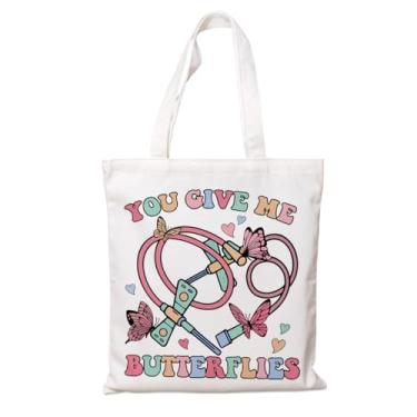 Imagem de Bolsa de Valentim, sacola de compras reutilizável de lona, design de coração pastel "You Give Me Butterflies", presente de lona branca para mulheres, bolsas de compras de trabalho, viagens, transporte