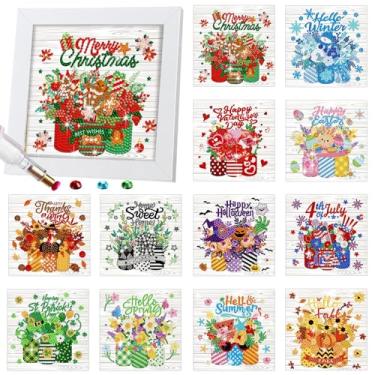 Imagem de Trandraft 12 kits de pintura de diamante sazonal intercambiáveis para adultos, pote de pedreiro 5D, kits de calendário artístico, com moldura para adultos, decoração de mesa de férias, presente de