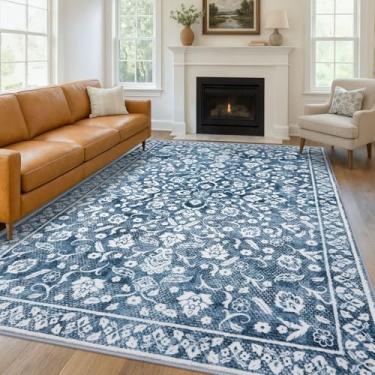 Imagem de SILOLOOM Tapetes vintage 22,5 x 30,5 cm, lavável azul e branco, antiderrapante, fino, grande, tapete estampado de lã sintética, tapete super macio para quarto, sala de jantar, sala de jogos