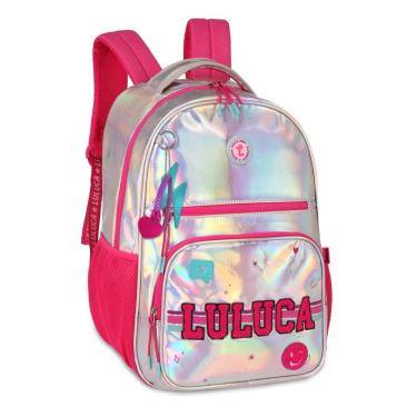 Imagem de Mochila Luluca Holográfica Bolsa Escolar Rosa Com Chaveiro