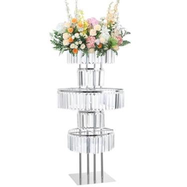 Imagem de Vaso de cristal de 5 camadas para mesa de centro de mesa, grande suporte de flores para decoração de casamento, suporte de lustre de metal com pingentes de cristal, elegante rack de exibição de flores