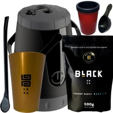Imagem de Kit Para Tereré Black Erva Mate 500g Garrafa Lisa Copo Acrílico Dourad