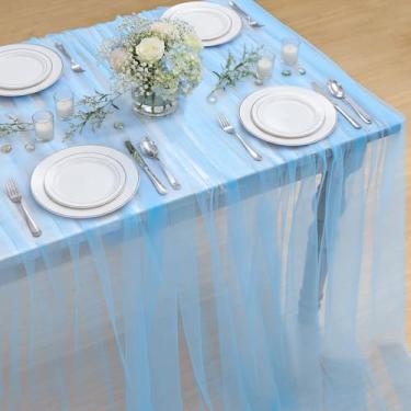 Imagem de Horaldaily Toalha de mesa de gaze azul empoeirada retangular de 152 × 261 cm, toalha de mesa de queijo de gaze, boêmia, rústica, para festa de casamento, chá de bebê, decoração de casa