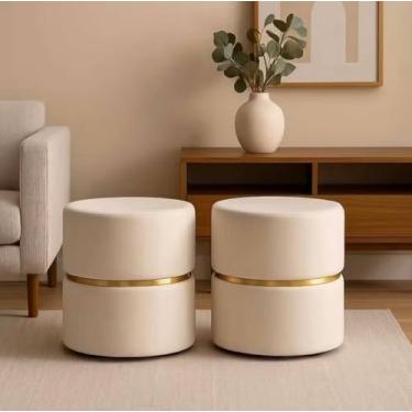 Imagem de Puff Redondo Luxo Veludo Palha – Assento Estofado para Sala, Escritório ou Provador | Banqueta Decorativa