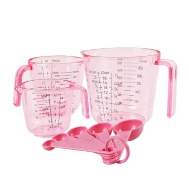 Imagem de Conjunto de colheres medidoras de plástico rosa: 3 copos medidores de líquido empilháveis 150/300/600 ml e 5 colheres de 1,25 a 15 ml, usados para criar temas de cozinha rosa, assar, cozinhar