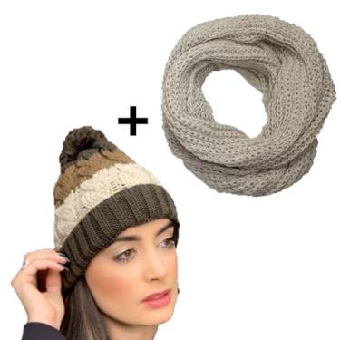Imagem de Conjunto Touca Pompom Listrada Com Cachecol Gola Lã Macio Quentinho - 