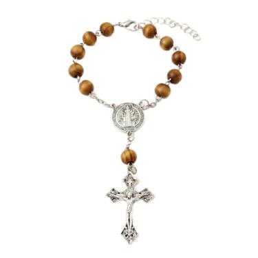 Imagem de lulucross Pulseira feita à mão com medalhão de São Bento e crucifixo prateado, 9,3 g, 24 cm, contas de madeira, presente espiritual para homens e mulheres