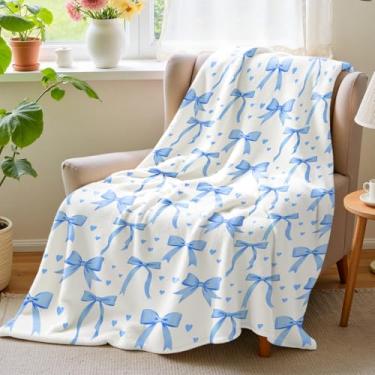 Imagem de Wajade Cobertor infantil de laço azul para meninas - cobertor de laço azul decoração de aniversário para crianças de 3 4 5 6 7 8 9 10 11 12 anos adolescentes criança pequena manta azul 127 x 152 cm