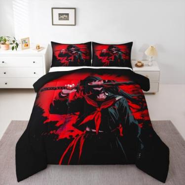 Imagem de Erosebridal Jogo de cama de anime japonês para crianças, conjunto de edredom de anime para meninas, adolescentes, quarto de adultos, colcha vermelha e preta, lavável na máquina