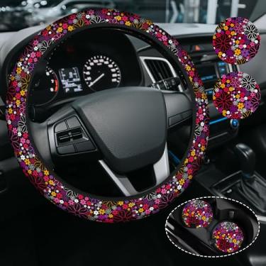 Imagem de Capa de volante floral colorida e fofa, capa de volante de neoprene antiderrapante, acessório de carro de flor para mulheres femininas, ajuste universal de 38 cm, SUVS, inclui 2 porta-copos de
