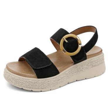 Imagem de UBFEN Sandálias femininas plataforma espadrille salto baixo - suporte de arco ortopédico, palmilha acolchoada, sandálias confortáveis e elegantes com fivela para caminhadas e férias, Preto, 36