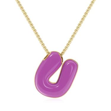 Imagem de KissYan Colar com letras de bolha, banhado a ouro 14 K, pingente de caixa com inicial de balão colorido, joia delicada para presente, Adjustable, Cobre, Sem Pedra Preciosa