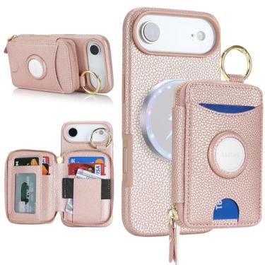 Imagem de Cavor Capa carteira compatível com MagSafe para iPhone 17 Air com suporte para AirTag, 2 em 1 de couro PU, magnético, destacável, porta-cartões, anel com suporte, zíper, capa de telefone para mulheres