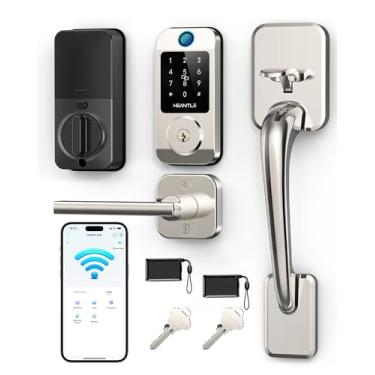 Imagem de Conjunto de fechadura inteligente para porta da frente – Fechadura HEANTLE WiFi para porta da frente fechadura de entrada sem chave com alça fechadura eletrônica inteligente de impressão digital, WiFi