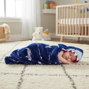 Imagem de Manta Baby com Capuz de Tubarão 75x100cm Azul Escuro Jolitex