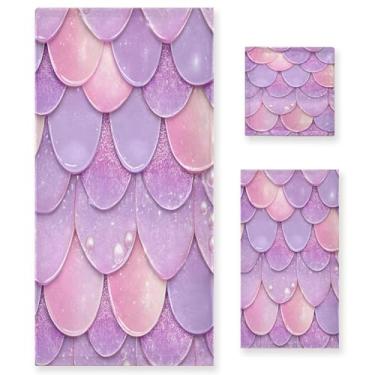 Imagem de xigua Lindo conjunto de toalhas de banheiro em escala de sereia absorvente macio 3 peças toalha de banho toalha de mão toalhas decorativas para banheiro, academia, hotel, praia, piscina