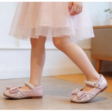 Imagem de Sapato social feminino Bow Mary Jane Sapatilha bailarina com alças de contas para festa casamento escola (bebê/criança pequena/criança grande), rosa, 10.5 Little Kid