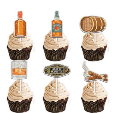 Imagem de 18 pçs Topper de cupcake de uísque vintage com glitter Cheer to Alcohol Drink Charuto Tema de aniversário decoração de festa de aposentadoria para homens mulheres artigos de decoração de feliz