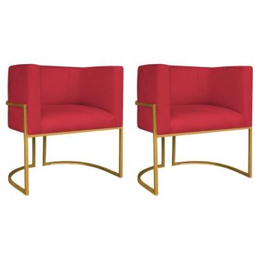 Imagem de Kit 02 Poltronas Decorativas Luna Base De Ferro Dourado Suede Vermelho