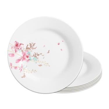 Imagem de Jogo 6 Prato Raso De Vidro Branco Flowers Bord 25,5cm Em Casa Tem