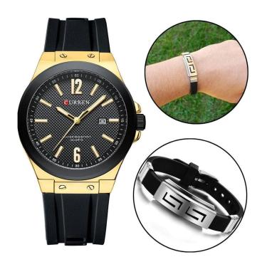 Imagem de Kit Relógio Masculino Dourado Quartzo Luxo + Bracelete Metal-Masculino