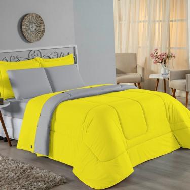 Imagem de Kit Edredom Dupla Face + Jogo De Lençol Casal Viúva Nobre 6 Peças Malha 100% Algodão - Amarelo / Cinza