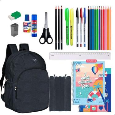 Imagem de Kit Material Escolar Mochila Estojo 2 Cadernos 1 Materia + Itens Femin