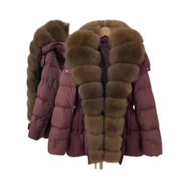 Imagem de Jaqueta Curta Feminina De Inverno Marrom Com Pelo Genuíno Casaco Parka