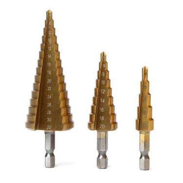 Imagem de Brocas Escalonadas Cônica Kit 3 Ferro Madeira 4-12 4-20 4-32 - JM