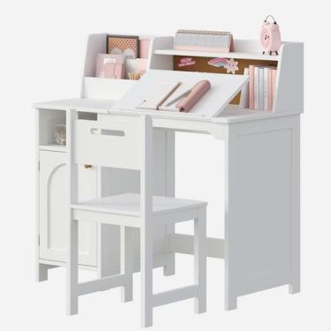 Imagem de Conjunto de Mesa de Estudo Infantil Treocho de Madeira Ajustável Branc