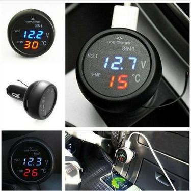 Imagem de 3X1 Termômetro Voltímetro Bateria Carregador USB Veicular Digital Isqu
