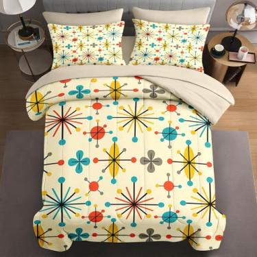 Imagem de WeCozy Conjunto de edredom queen com 7 peças, 2 fronhas e 2 fronhas, retrô de meados do século, para crianças e adultos, cama geométrica vintage dos anos 50 em uma bolsa com lençol de cima