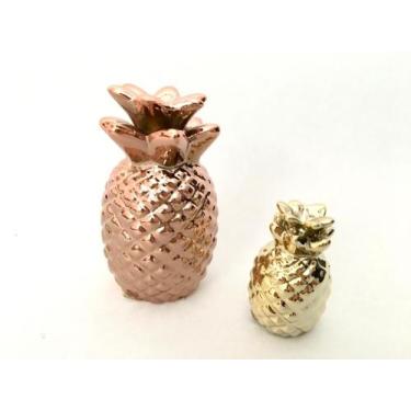 Imagem de Par Enfeites Abacaxi Decor Cerâmica Rosé A8xD5cm e Dourado A4,5xD3cm -