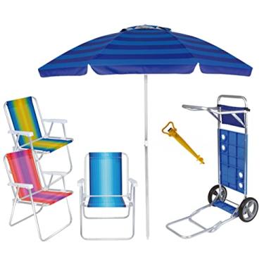 Imagem de Kit Praia Carrinho Com Avanço + 3 Cadeira Alumínio Alta + Guarda Sol 2m + Saca Areia - Mor - Sortido