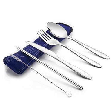 Imagem de Utensils de viagem reutilizáveis para cozinhar com capa | Conjunto de garfo e colher com faca e canudos reutilizáveis opcionais – Ótimo acessório para escritório, viagens ou acampamento | Utensils leves e resistentes reutilizáveis, 5pc Set - Blue