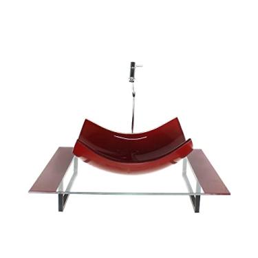 Imagem de KIT CUBA DE VIDRO RETANGULAR CURVADA COM TAMPO 60CM VERMELHO CEREJA E SUPORTE TORNEIRA VALVULA