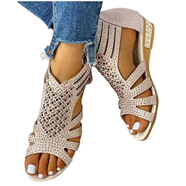 Imagem de Sandálias femininas elegantes de verão, sandálias planas cravejadas sandálias anabela sandálias de praia chinelos sapatos brilhantes, Bege, 7.5