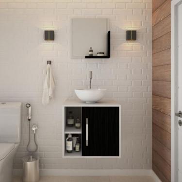Imagem de Conjunto para Banheiro Gabinete com Cuba Redonda R30 e Espelheira Soft 500  Branco com Preto Ônix